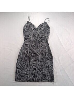 Lovely Day Black Silver Metallic Swirl Sweetheart Bodycon Mini Dress Size S